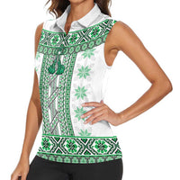 Ukraine Women Sleeveless Polo Shirt Traditional Braided Rope Belt Green Folk Pattern
