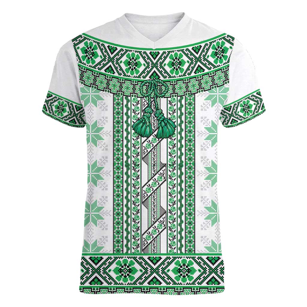 Ukraine Women V-Neck T-Shirt Traditional Braided Rope Belt Green Folk Pattern
