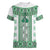 Ukraine Women V-Neck T-Shirt Traditional Braided Rope Belt Green Folk Pattern