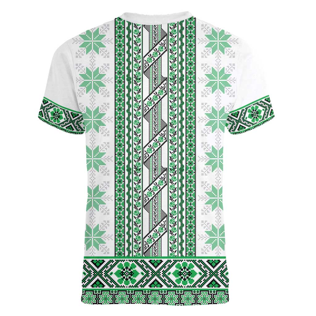 Ukraine Women V-Neck T-Shirt Traditional Braided Rope Belt Green Folk Pattern