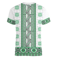 Ukraine Women V-Neck T-Shirt Traditional Braided Rope Belt Green Folk Pattern