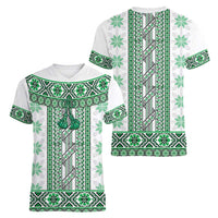 Ukraine Women V-Neck T-Shirt Traditional Braided Rope Belt Green Folk Pattern