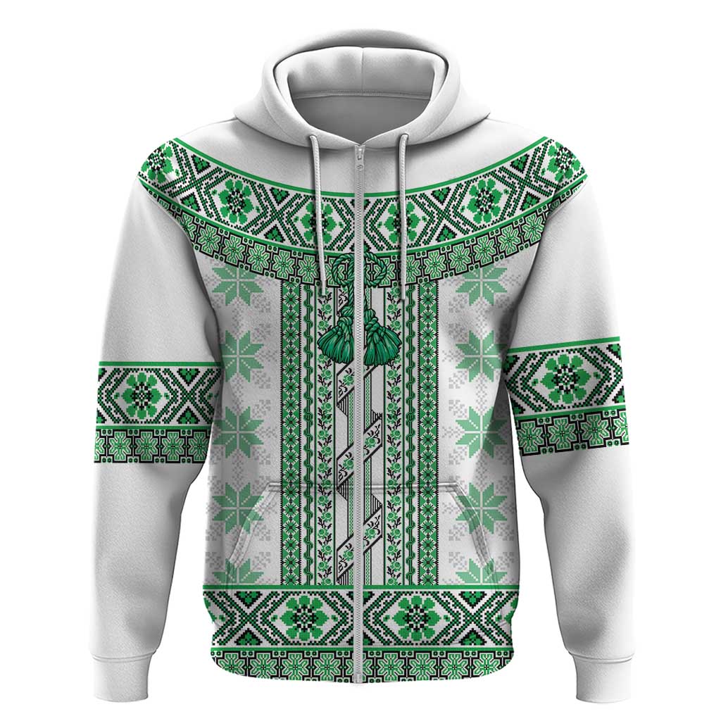 Ukraine Zip Hoodie Traditional Braided Rope Belt Green Folk Pattern