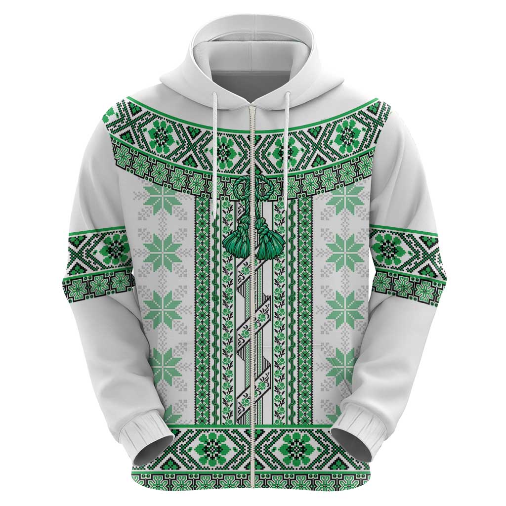 Ukraine Zip Hoodie Traditional Braided Rope Belt Green Folk Pattern