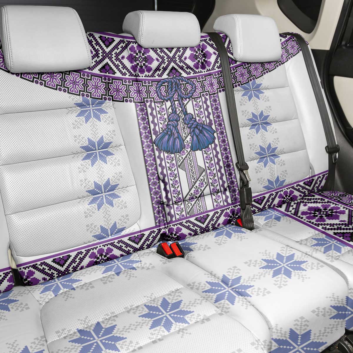 Ukraine Back Car Seat Cover Traditional Braided Rope Belt Purple Folk Pattern