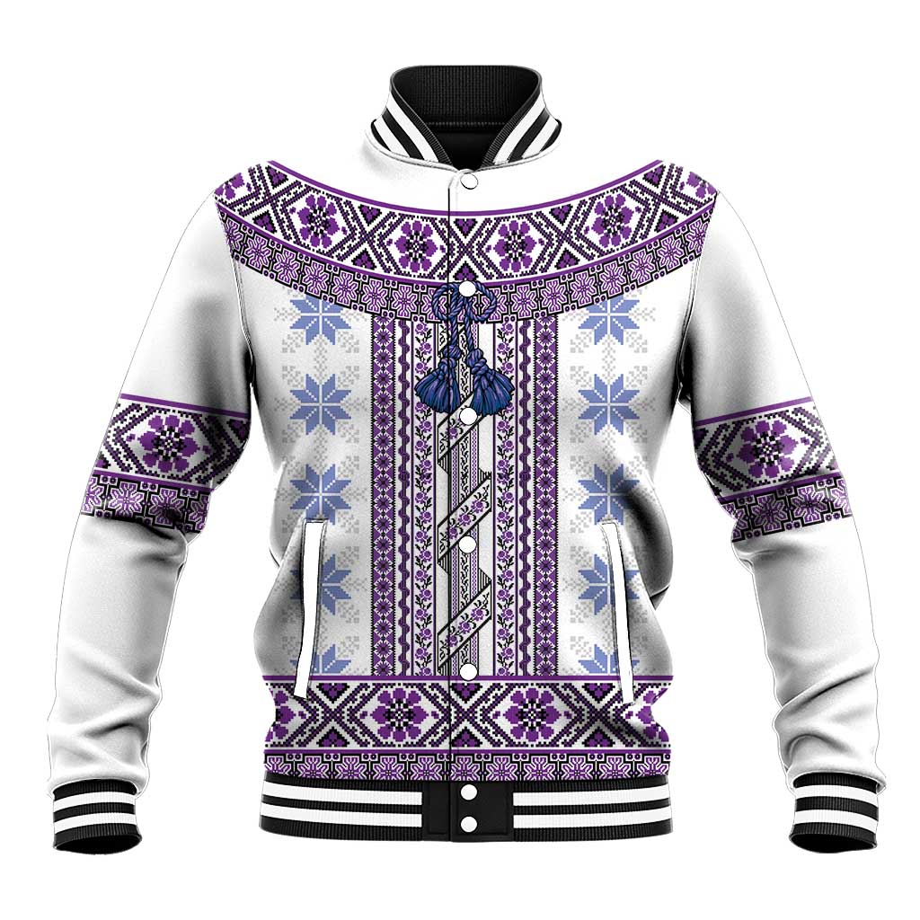 Ukraine Baseball Jacket Traditional Braided Rope Belt Purple Folk Pattern