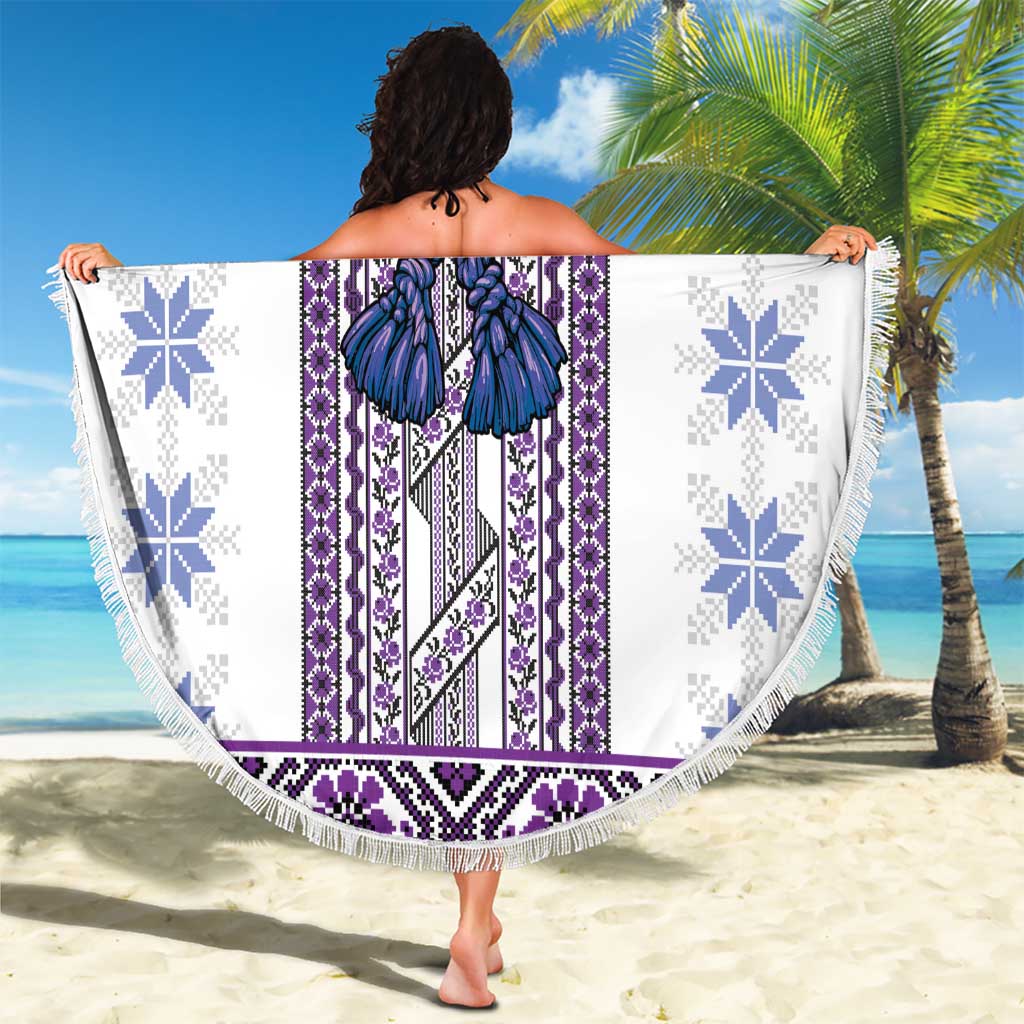 Ukraine Beach Blanket Traditional Braided Rope Belt Purple Folk Pattern