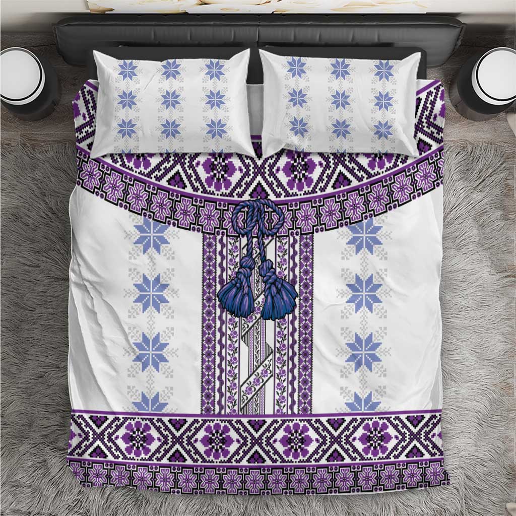 Ukraine Bedding Set Traditional Braided Rope Belt Purple Folk Pattern