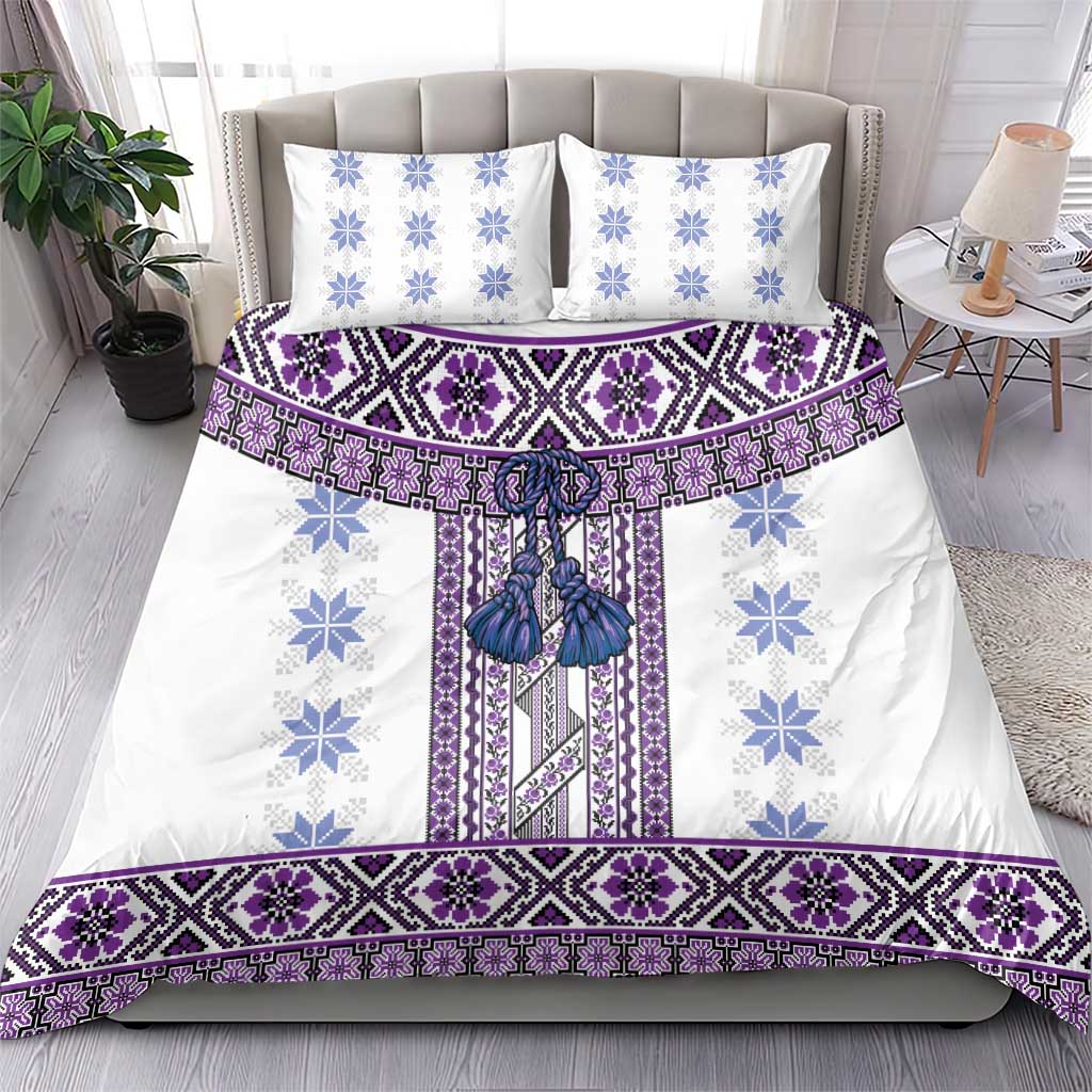 Ukraine Bedding Set Traditional Braided Rope Belt Purple Folk Pattern
