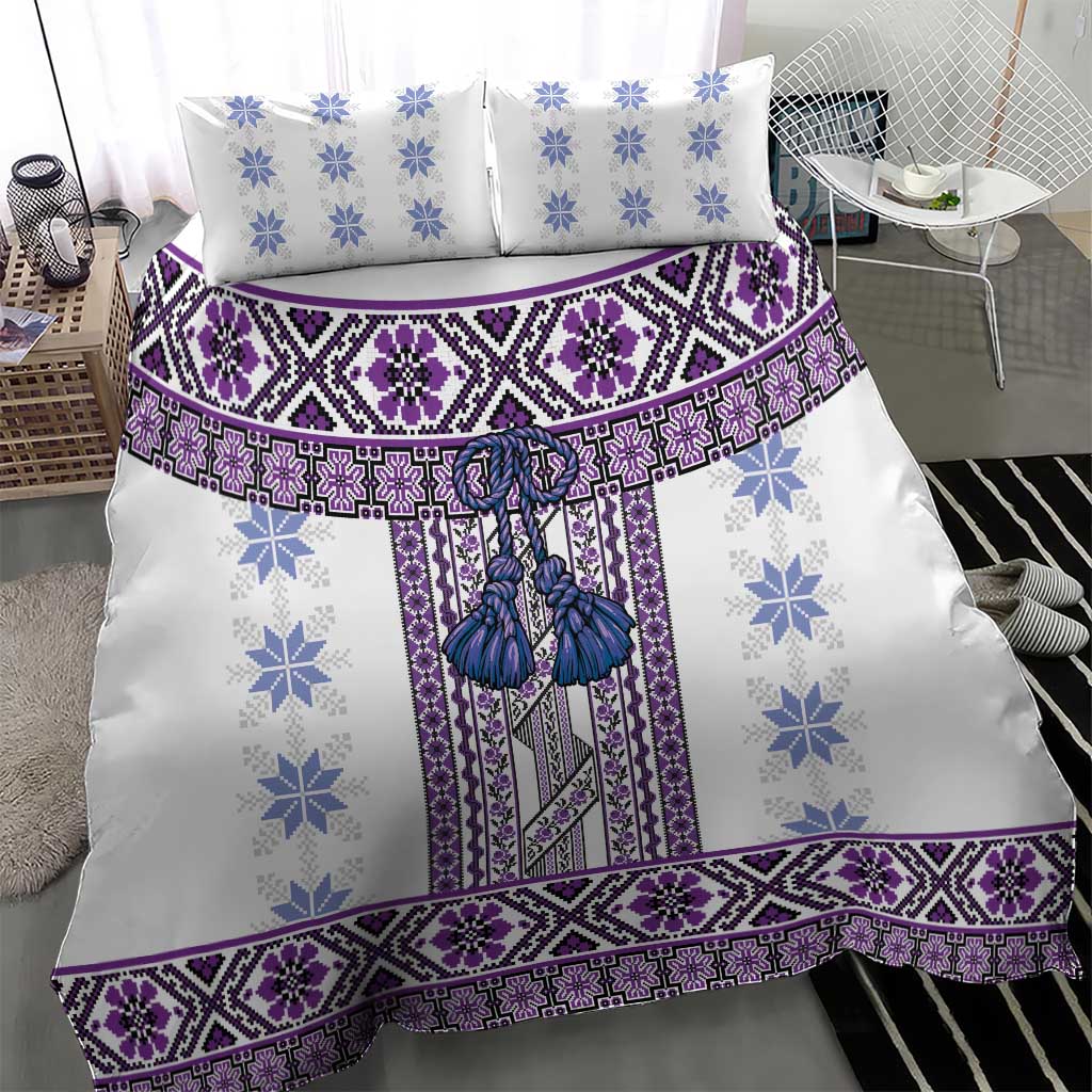 Ukraine Bedding Set Traditional Braided Rope Belt Purple Folk Pattern