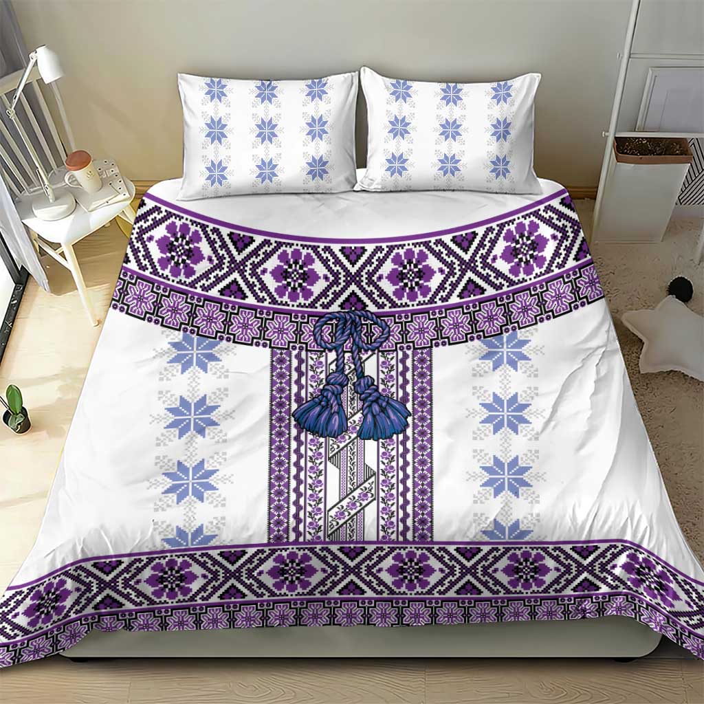 Ukraine Bedding Set Traditional Braided Rope Belt Purple Folk Pattern