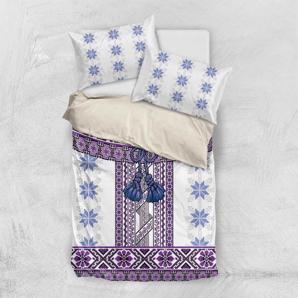 Ukraine Bedding Set Traditional Braided Rope Belt Purple Folk Pattern