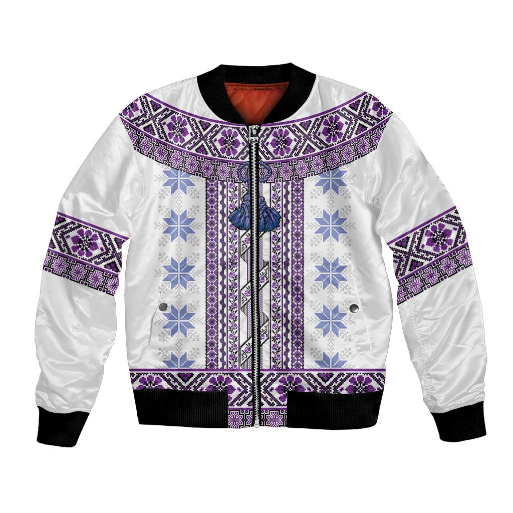Ukraine Bomber Jacket Traditional Braided Rope Belt Purple Folk Pattern