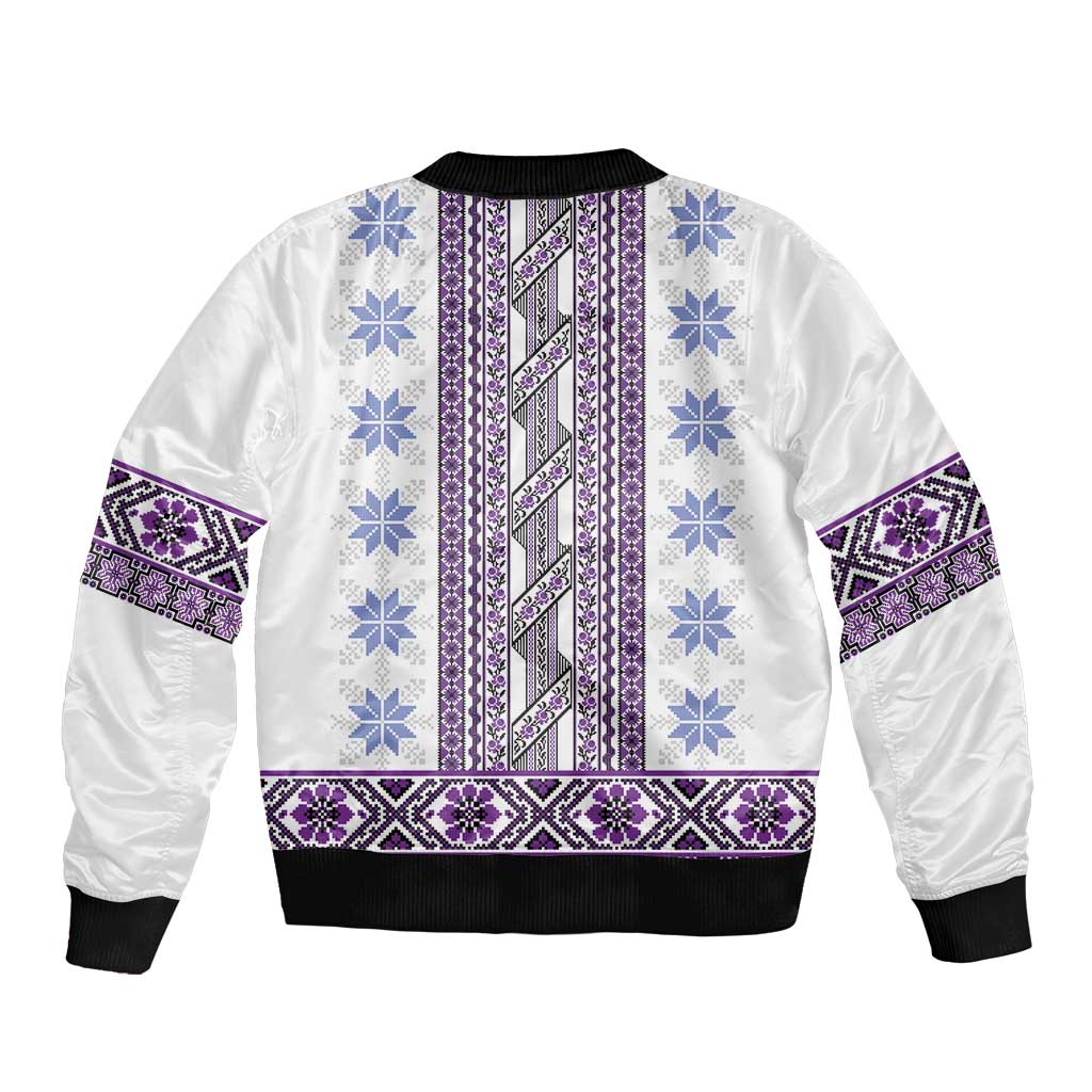 Ukraine Bomber Jacket Traditional Braided Rope Belt Purple Folk Pattern