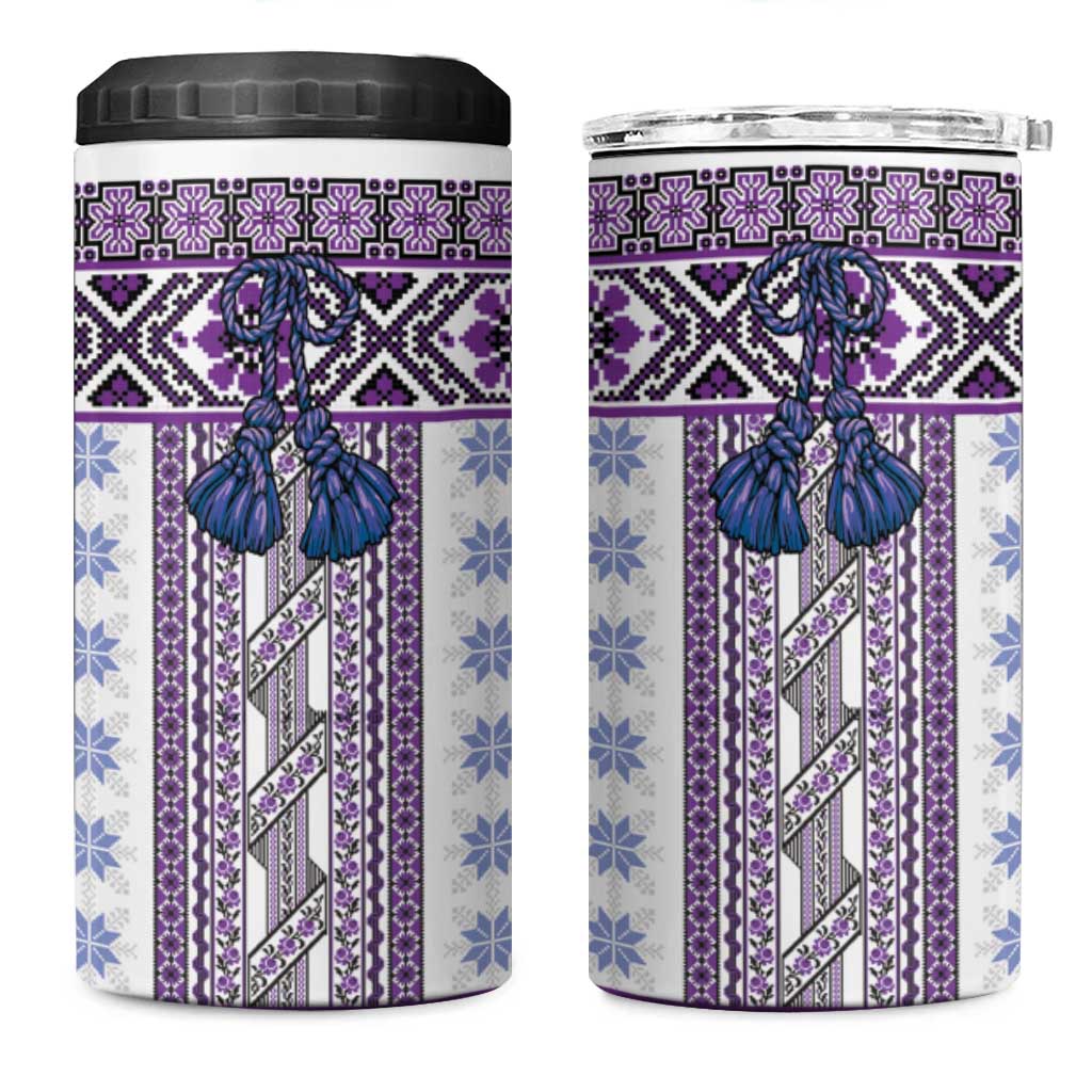 Ukraine 4 in 1 Can Cooler Tumbler Traditional Braided Rope Belt Purple Folk Pattern