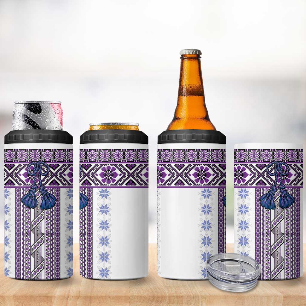 Ukraine 4 in 1 Can Cooler Tumbler Traditional Braided Rope Belt Purple Folk Pattern