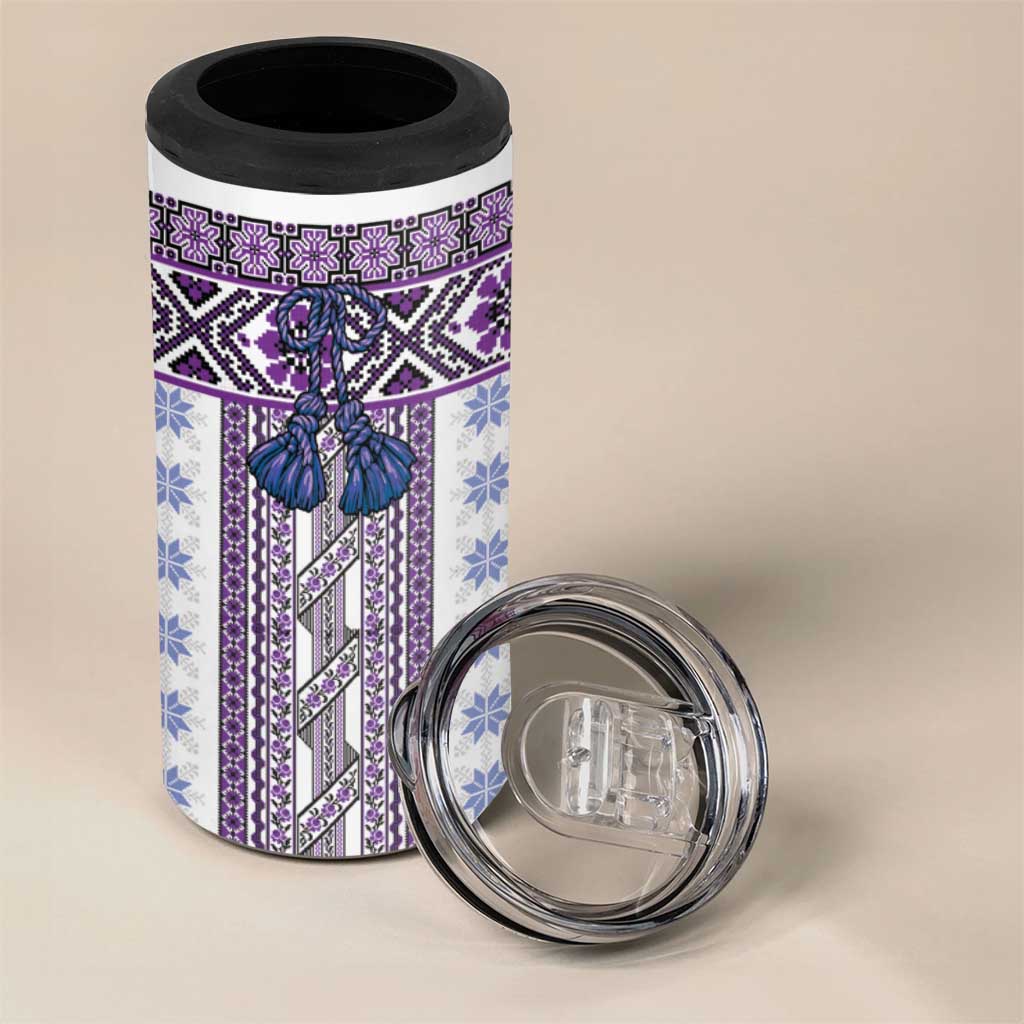 Ukraine 4 in 1 Can Cooler Tumbler Traditional Braided Rope Belt Purple Folk Pattern