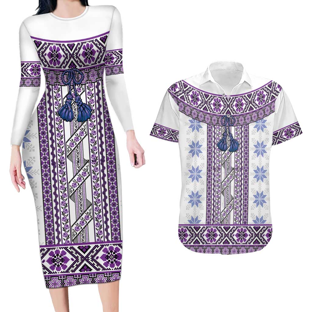 Ukraine Couples Matching Long Sleeve Bodycon Dress and Hawaiian Shirt Traditional Braided Rope Belt Purple Folk Pattern