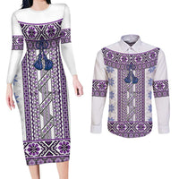 Ukraine Couples Matching Long Sleeve Bodycon Dress and Long Sleeve Button Shirt Traditional Braided Rope Belt Purple Folk Pattern