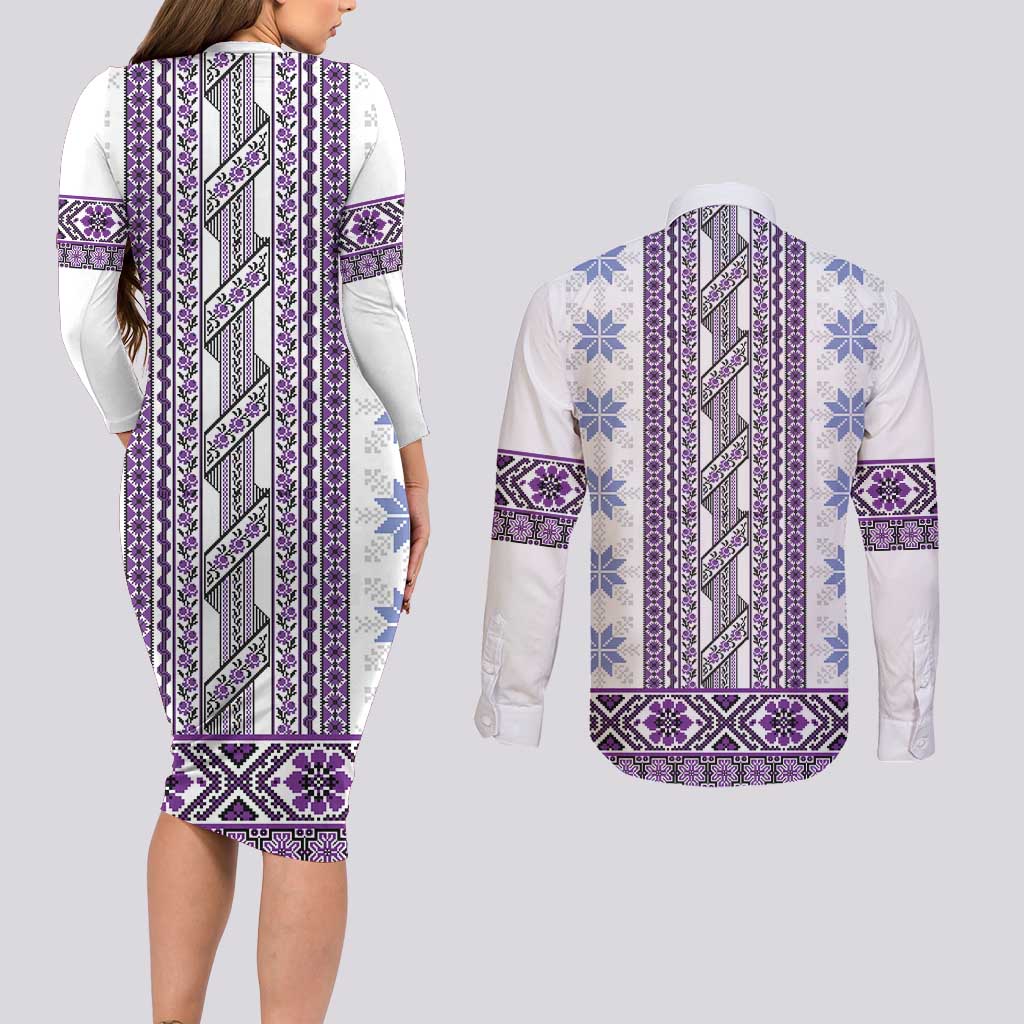 Ukraine Couples Matching Long Sleeve Bodycon Dress and Long Sleeve Button Shirt Traditional Braided Rope Belt Purple Folk Pattern