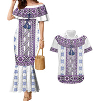Ukraine Couples Matching Mermaid Dress and Hawaiian Shirt Traditional Braided Rope Belt Purple Folk Pattern