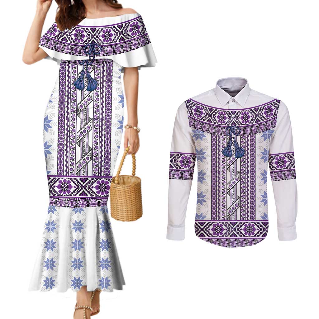 Ukraine Couples Matching Mermaid Dress and Long Sleeve Button Shirt Traditional Braided Rope Belt Purple Folk Pattern