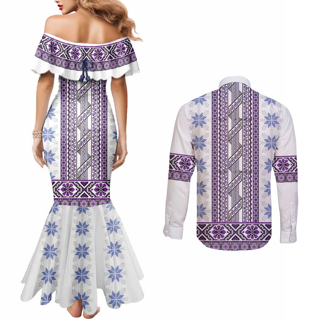 Ukraine Couples Matching Mermaid Dress and Long Sleeve Button Shirt Traditional Braided Rope Belt Purple Folk Pattern