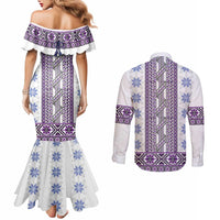 Ukraine Couples Matching Mermaid Dress and Long Sleeve Button Shirt Traditional Braided Rope Belt Purple Folk Pattern
