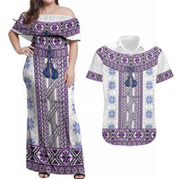 Ukraine Couples Matching Off Shoulder Maxi Dress and Hawaiian Shirt Traditional Braided Rope Belt Purple Folk Pattern
