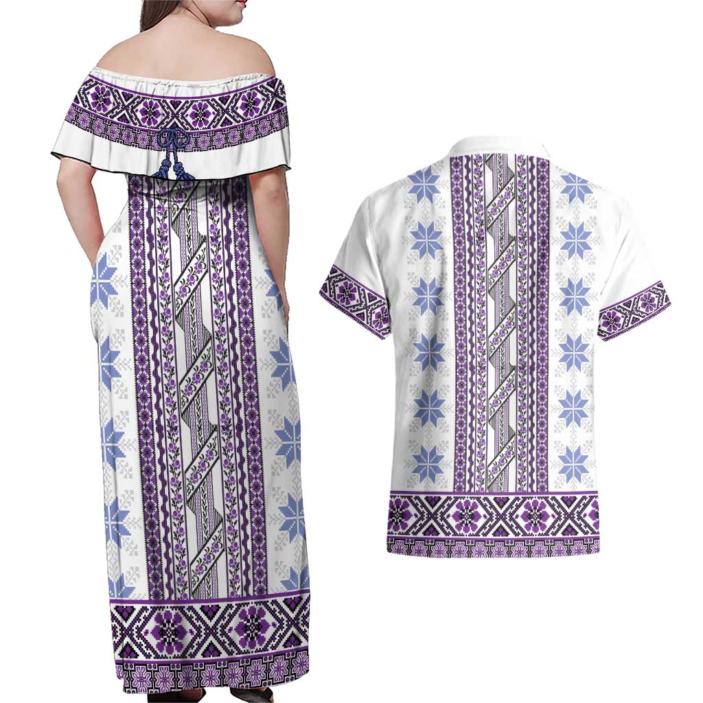Ukraine Couples Matching Off Shoulder Maxi Dress and Hawaiian Shirt Traditional Braided Rope Belt Purple Folk Pattern