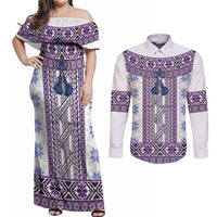 Ukraine Couples Matching Off Shoulder Maxi Dress and Long Sleeve Button Shirt Traditional Braided Rope Belt Purple Folk Pattern