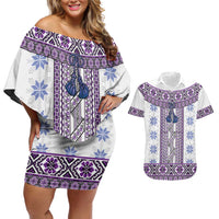 Ukraine Couples Matching Off Shoulder Short Dress and Hawaiian Shirt Traditional Braided Rope Belt Purple Folk Pattern