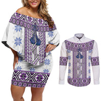 Ukraine Couples Matching Off Shoulder Short Dress and Long Sleeve Button Shirt Traditional Braided Rope Belt Purple Folk Pattern