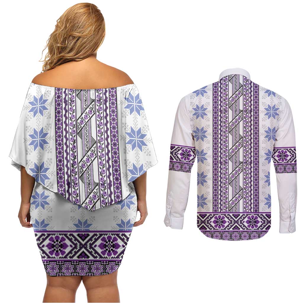 Ukraine Couples Matching Off Shoulder Short Dress and Long Sleeve Button Shirt Traditional Braided Rope Belt Purple Folk Pattern