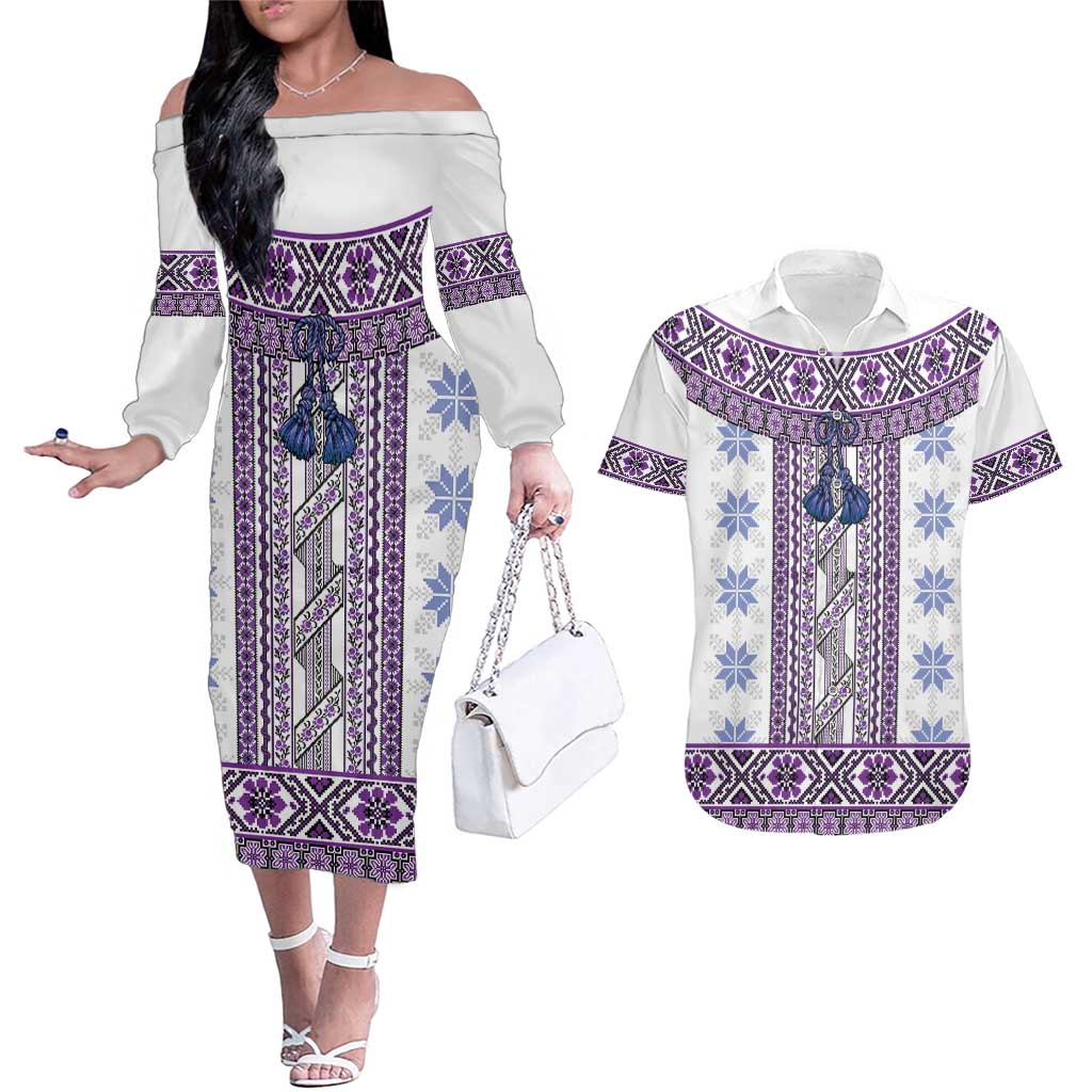 Ukraine Couples Matching Off The Shoulder Long Sleeve Dress and Hawaiian Shirt Traditional Braided Rope Belt Purple Folk Pattern