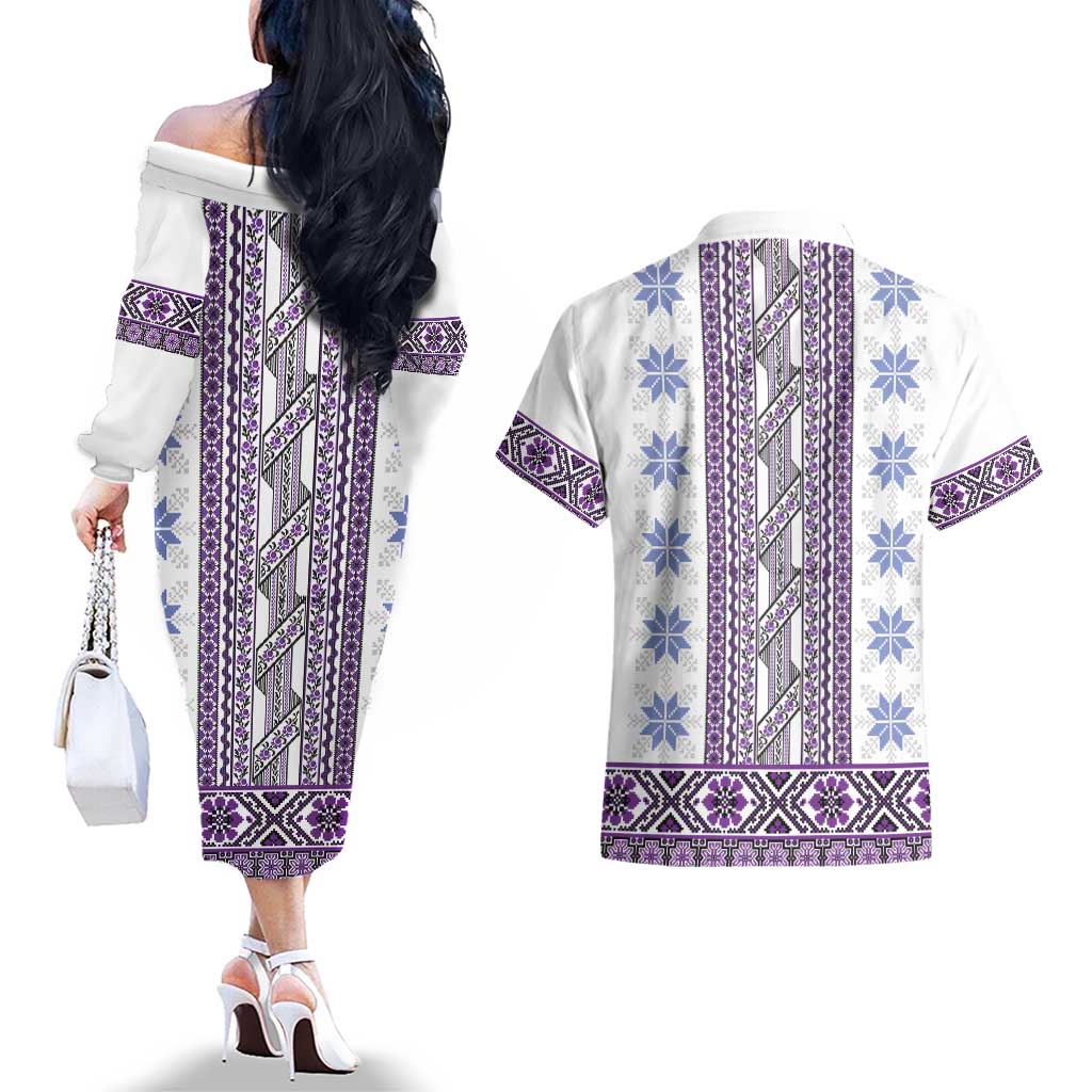 Ukraine Couples Matching Off The Shoulder Long Sleeve Dress and Hawaiian Shirt Traditional Braided Rope Belt Purple Folk Pattern