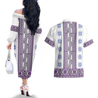 Ukraine Couples Matching Off The Shoulder Long Sleeve Dress and Hawaiian Shirt Traditional Braided Rope Belt Purple Folk Pattern