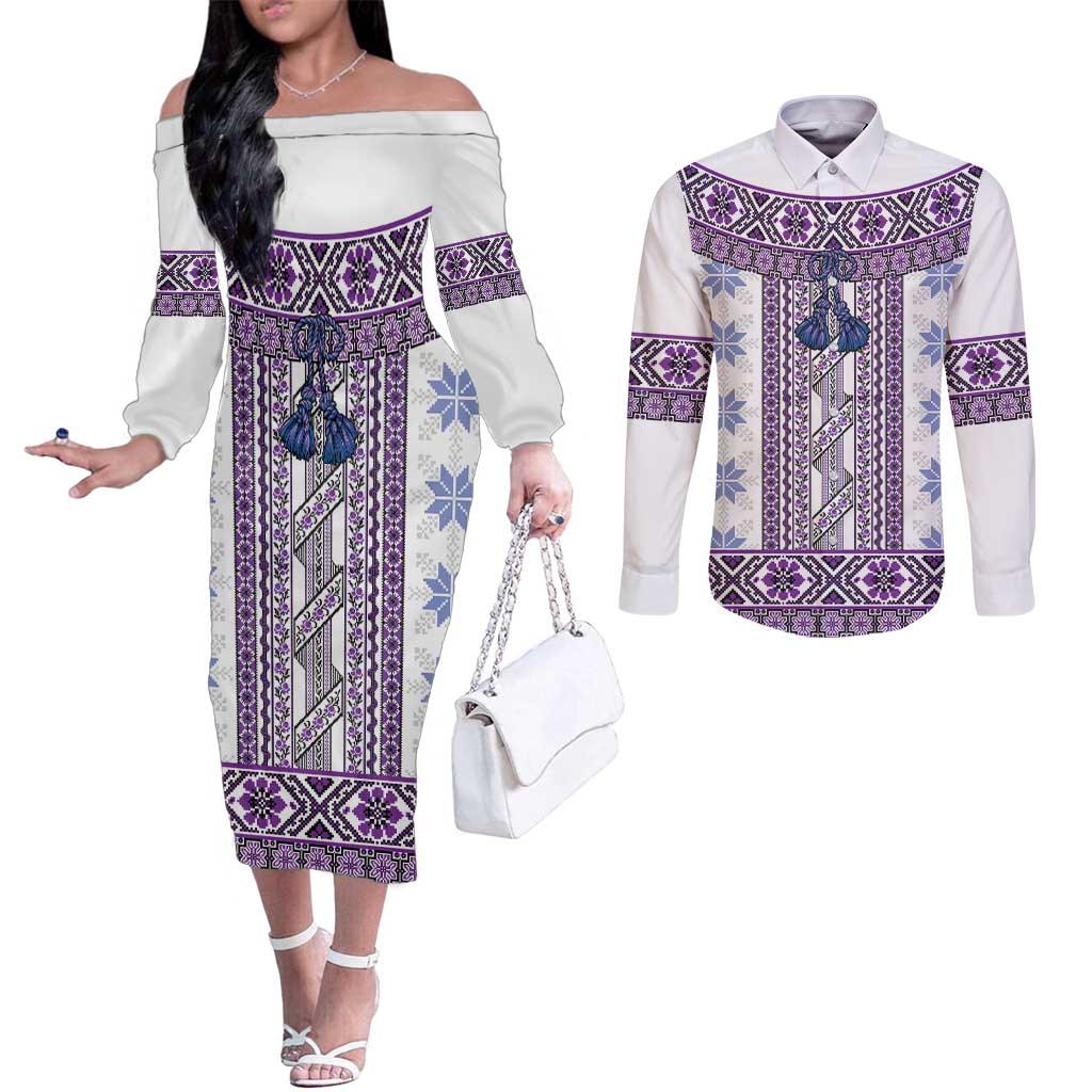 Ukraine Couples Matching Off The Shoulder Long Sleeve Dress and Long Sleeve Button Shirt Traditional Braided Rope Belt Purple Folk Pattern