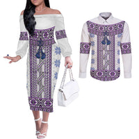 Ukraine Couples Matching Off The Shoulder Long Sleeve Dress and Long Sleeve Button Shirt Traditional Braided Rope Belt Purple Folk Pattern