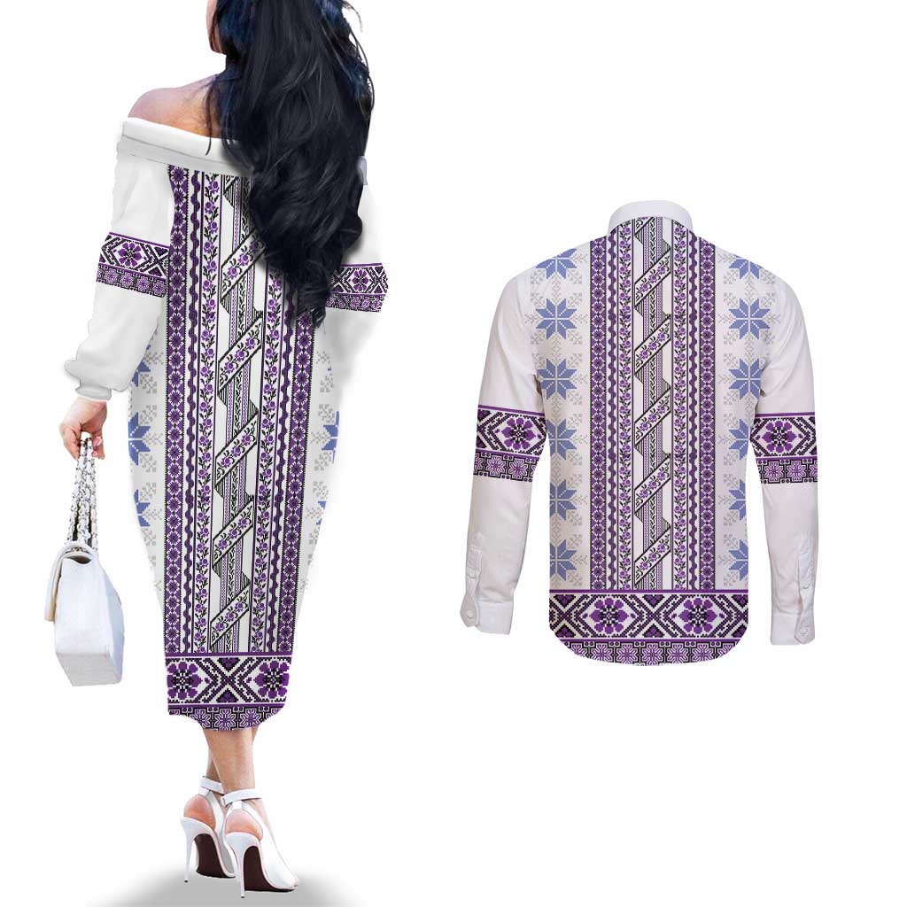 Ukraine Couples Matching Off The Shoulder Long Sleeve Dress and Long Sleeve Button Shirt Traditional Braided Rope Belt Purple Folk Pattern