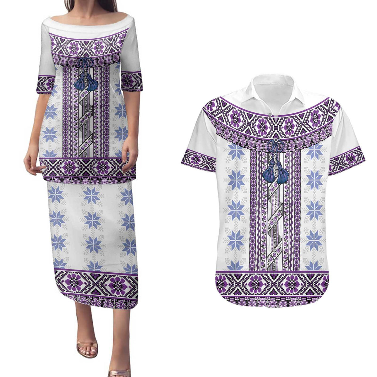 Ukraine Couples Matching Puletasi and Hawaiian Shirt Traditional Braided Rope Belt Purple Folk Pattern
