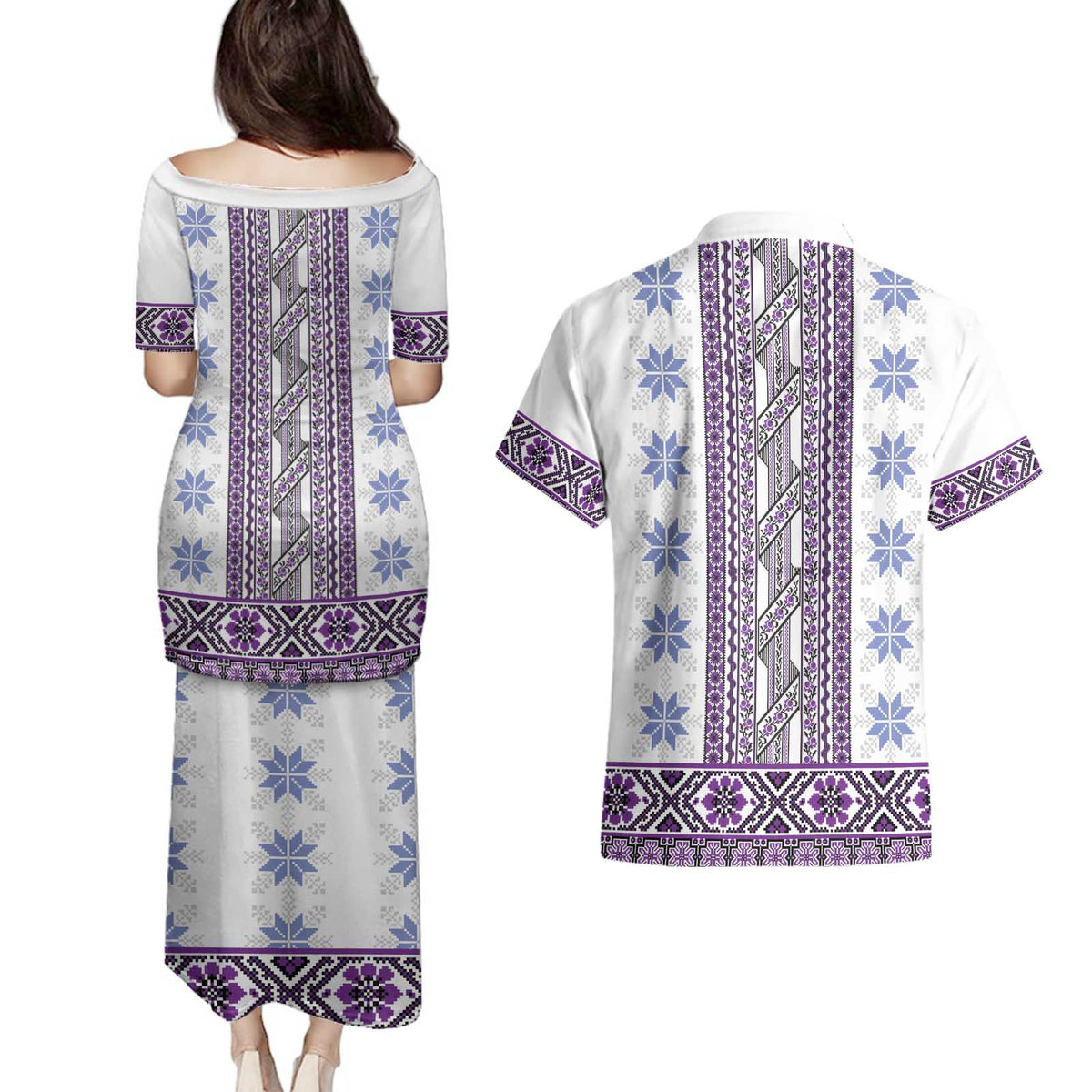 Ukraine Couples Matching Puletasi and Hawaiian Shirt Traditional Braided Rope Belt Purple Folk Pattern