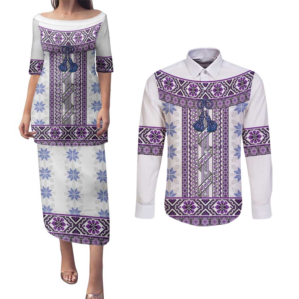 Ukraine Couples Matching Puletasi and Long Sleeve Button Shirt Traditional Braided Rope Belt Purple Folk Pattern