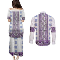 Ukraine Couples Matching Puletasi and Long Sleeve Button Shirt Traditional Braided Rope Belt Purple Folk Pattern