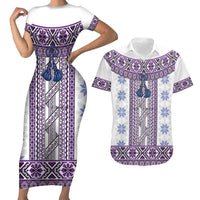 Ukraine Couples Matching Short Sleeve Bodycon Dress and Hawaiian Shirt Traditional Braided Rope Belt Purple Folk Pattern