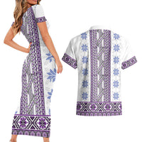 Ukraine Couples Matching Short Sleeve Bodycon Dress and Hawaiian Shirt Traditional Braided Rope Belt Purple Folk Pattern
