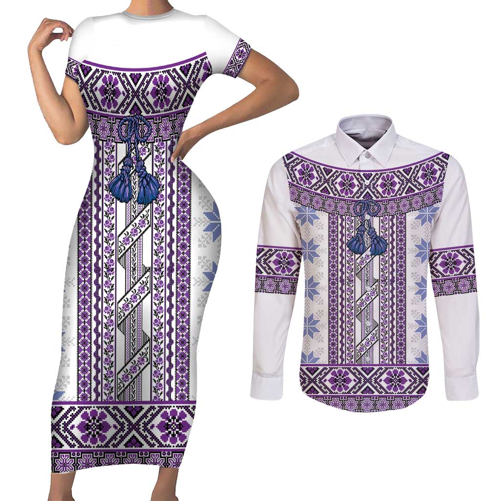 Ukraine Couples Matching Short Sleeve Bodycon Dress and Long Sleeve Button Shirt Traditional Braided Rope Belt Purple Folk Pattern
