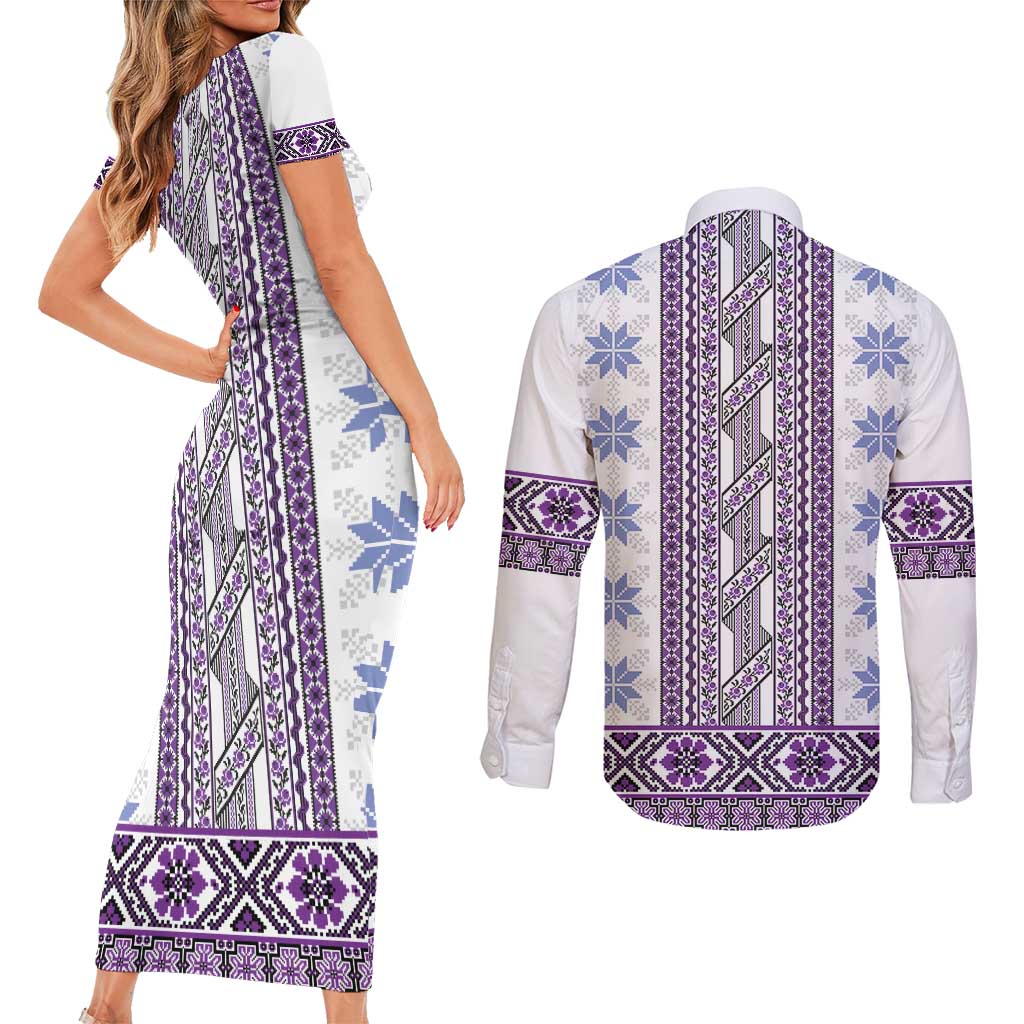 Ukraine Couples Matching Short Sleeve Bodycon Dress and Long Sleeve Button Shirt Traditional Braided Rope Belt Purple Folk Pattern