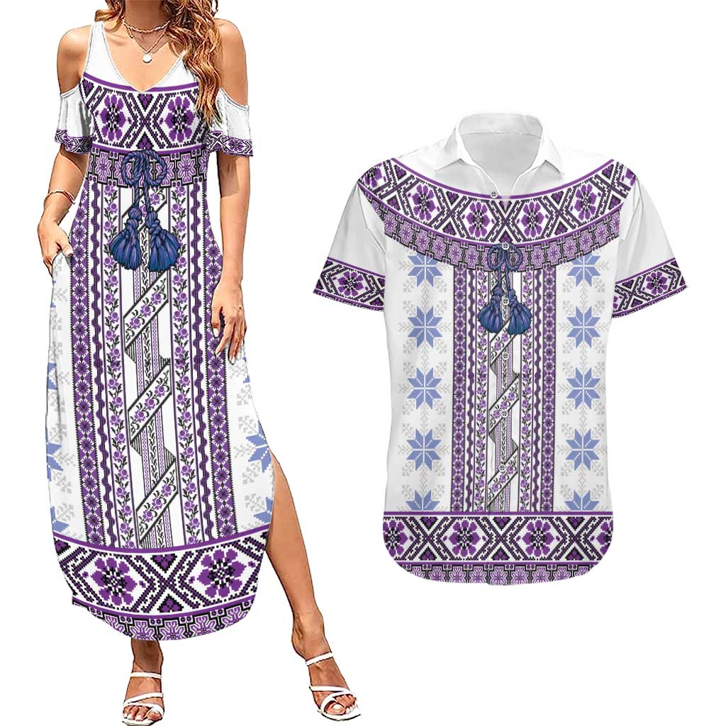 Ukraine Couples Matching Summer Maxi Dress and Hawaiian Shirt Traditional Braided Rope Belt Purple Folk Pattern