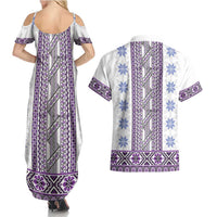 Ukraine Couples Matching Summer Maxi Dress and Hawaiian Shirt Traditional Braided Rope Belt Purple Folk Pattern